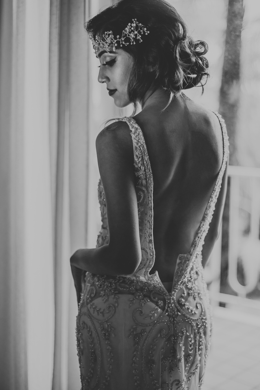 Vintage Glam 1920s Bride with Deep V-Neck Plunging Open Back Wedding Dress with Beading | Tampa Bay Wedding Photographer Brandi Image Photography