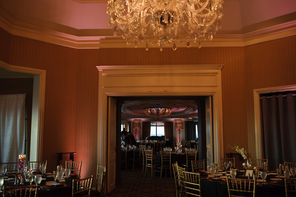 Intimate Wedding Reception with Dark Linens, Simple White and Purple Orchid Centerpieces, and Gold Chiavari Chairs | Downtown Tampa Wedding Reception Venue The Tampa Club
