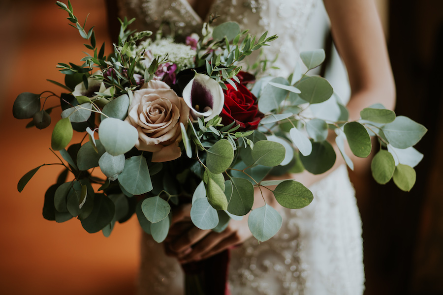Romantic Red Rose and Blush Taupe Wedding Bouquet with Greenery