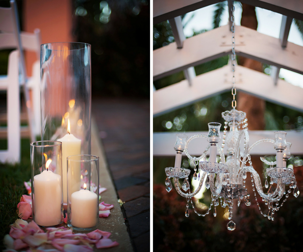 Wedding Ceremony Aisle Decor with Tall Pillar Candles in Glass Hurricane Holders and Chandelier