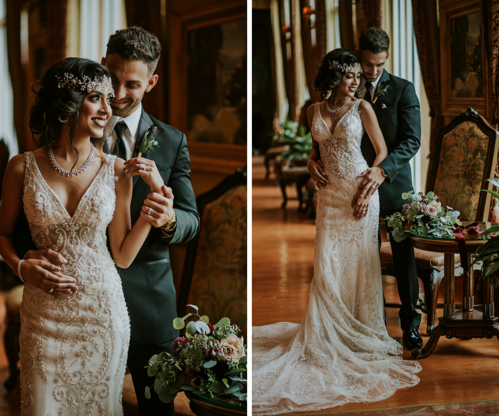 Vintage Glam 1920s Groom and Bride Portrait with Deep V-Neck Plunging Open Back Wedding Dress with Beading | Tampa Bay Wedding Photographer Brandi Image Photography
