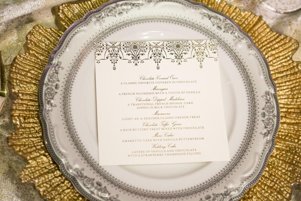 Vintage French Marie Antoinette Inspired Elegant Black and White Wedding Menu on Vintage China Plate with Gold Charger