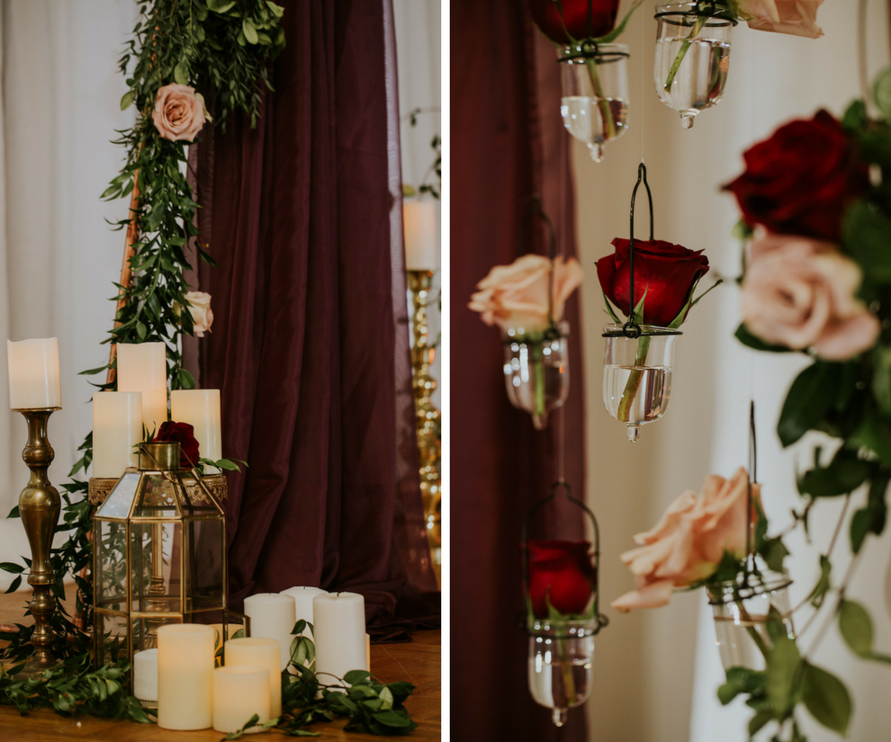 Deep Red Burgundy Wedding Ceremony Decor with Candles and Hanging Floral Rose Draped Altar Backdrop | Tampa Bay Wedding Planner Southern Glam Weddings & Events