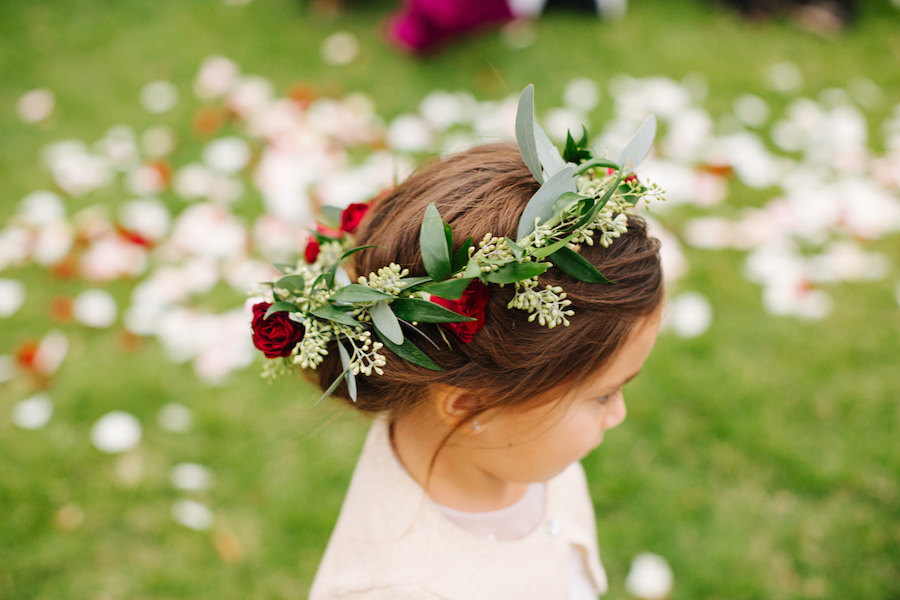 Outdoor Wedding Flower Girl Portrait with Red Rose and Greenery Hair Wreath and Blush Pink Dress