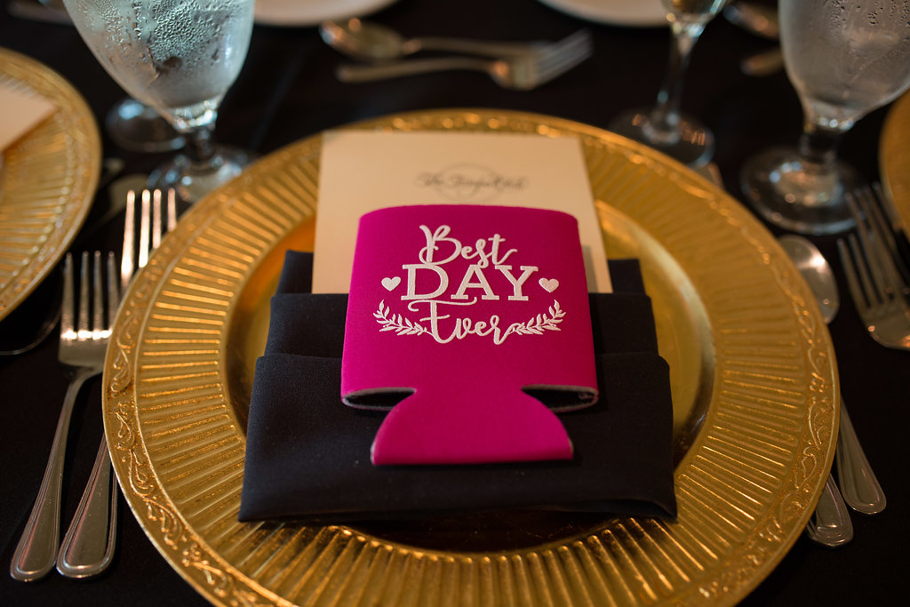 Best Day Ever Pink Coozie Wedding Favor on Gold Charger with Black Napkin | Tampa Bay Wedding Reception