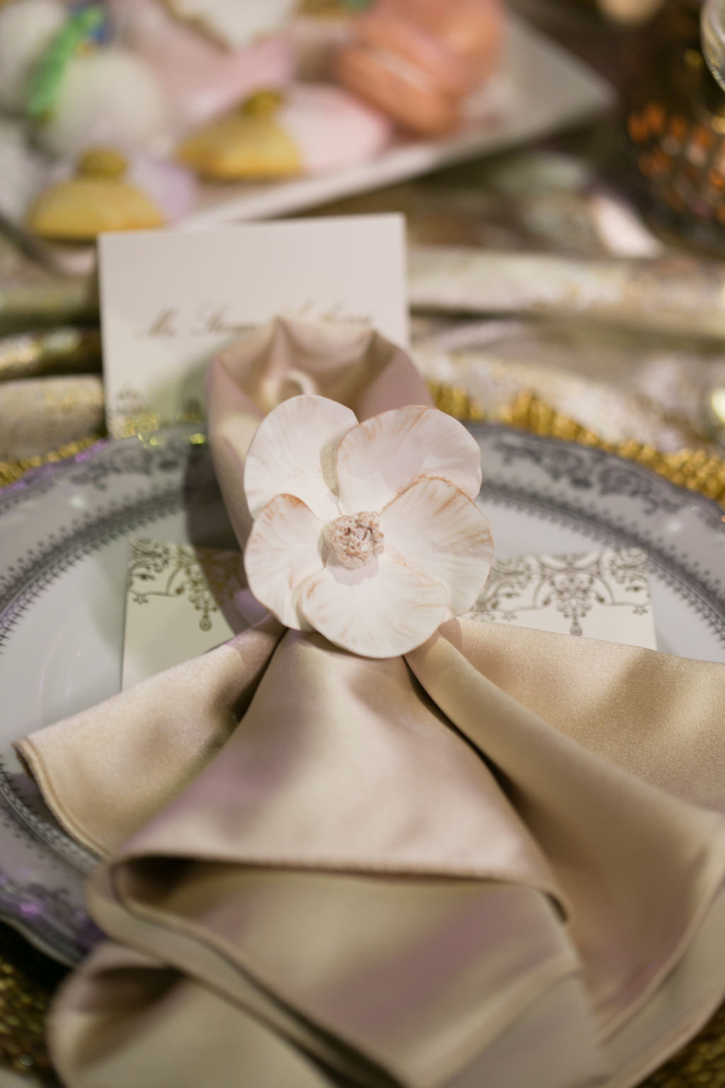 Delicate Floral Napkin Ring with Cream Satin Napkin | French Inspired Marie Antoinette Wedding Reception Decor | Over the Top Rental Linens