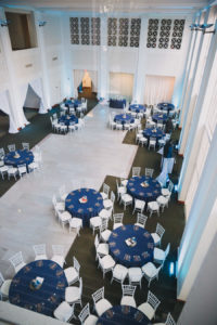 Modern Wedding Reception with White Chiavari Chairs and Blue Linen at Downtown Tampa Wedding Venue The Vault
