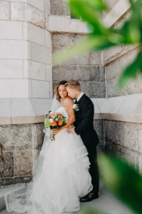 Outdoor Church Wedding Ceremony Exit Portrait with Tropical Orange and Greenery Bridal Bouquet | Tampa Florida Wedding Photographer Rad Red Creative
