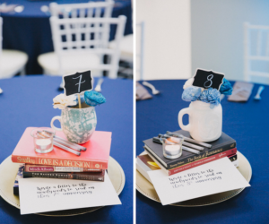 Modern Wedding Reception Creative Table Marker Centerpiece with Books, Guestbook and Pens, and Handwritten Note, Mini Chalkboard Table Number in Ceramic Coffee Mug with Small Blue and White Flowers