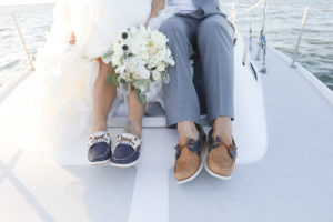 Outdoor Wedding Portrait with Bride and Groom in Boat Shoes on a Yacht with Ivory and Anemone Bouquet | Tampa Bay Wedding Venue Isla del Sol Yacht & Country Club