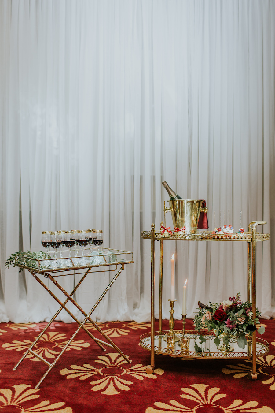 Gold Vintage Cocktail Hour Bar Cart and Champagne Station | Tampa Bay Vintage Wedding Rentals Ever After Vintage Weddings