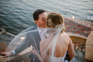 Outdoor Waterfront Bride and Groom Portrait with Jeweled Hairpin at Sarasota Wedding Venue the Ca' d'Zan Mansion