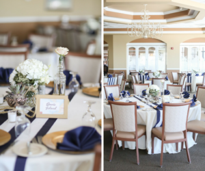 Nautical Blue, White, and Gold Ballroom Wedding Reception Decor with Low Succulent Bouquets and Navy Striped Runners | Tampa Bay Rentals Over The Top Linen Rental | Waterfront St Pete Wedding Venue Isla del Sol Yacht & Country Club