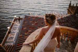 Outdoor Waterfront Bride Portrait with Jeweled Hairpin at Sarasota Wedding Venue the Ca' d'Zan Mansion