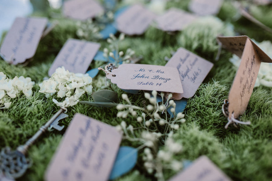 Rustic Wedding Detail Photo of Escort Cards Printed on Shipping Tags with Antique Keys