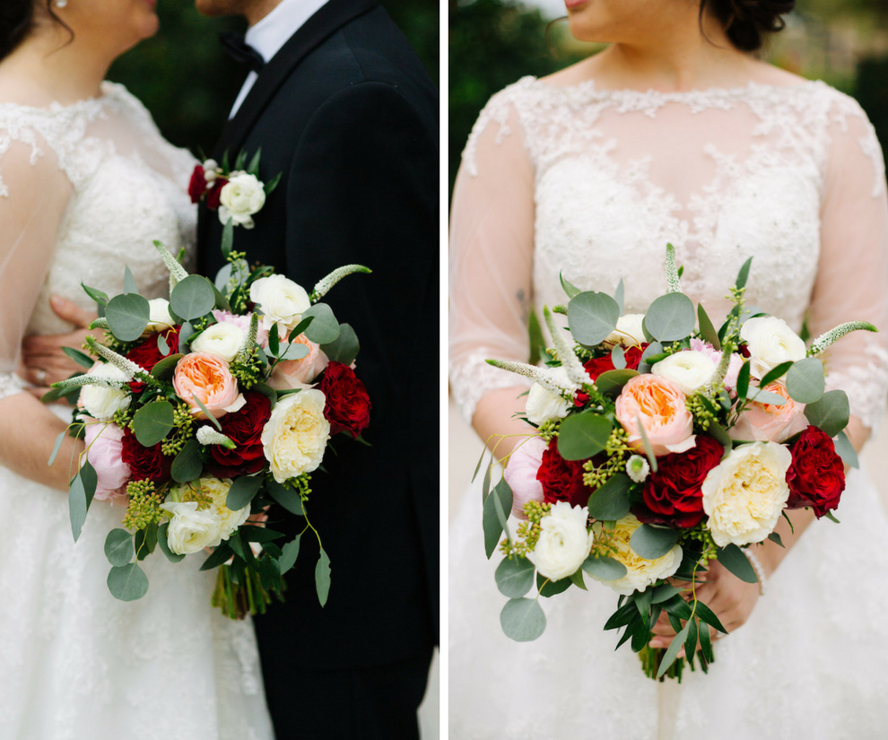 Bride and Groom Portrait at Outdoor Garden Wedding with White, Blush, and Red Rose Bouquet with Greenery and Lace Sweetheart Neckline with Three Quarter Length Sleeve Sophia Tolli Wedding Dress