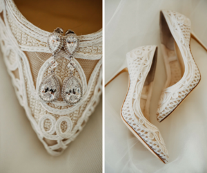 Bridal Accessories Detail Photo with Lace White Pointed Toe Wedding Shoes and Crystal Drop Earrings