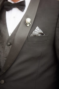 Halloween Wedding Groom Skull Pin and Black and White Pocket Square