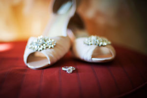 Blush Pink Peep Toe Wedding Shoes with Rhinestone and Engagement Ring