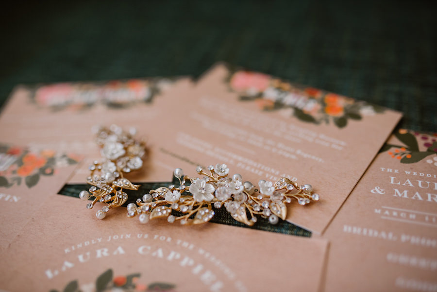 Bridal Jewelry with Blush Pink Floral Wedding Invitation Suite
