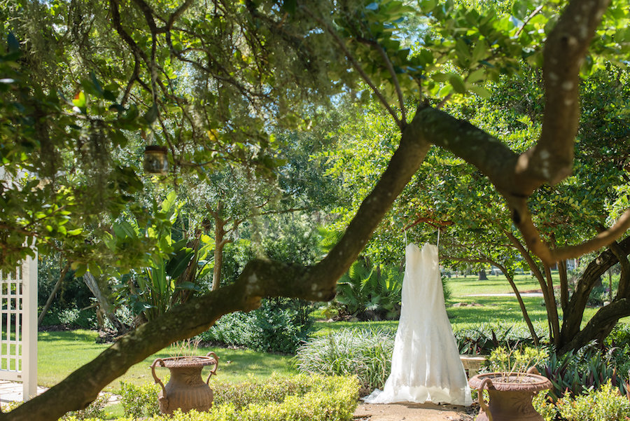 Allure Sweetheart Bridal Gown On Dress Hanger at Florida Wedding Venue Tampa Garden Club