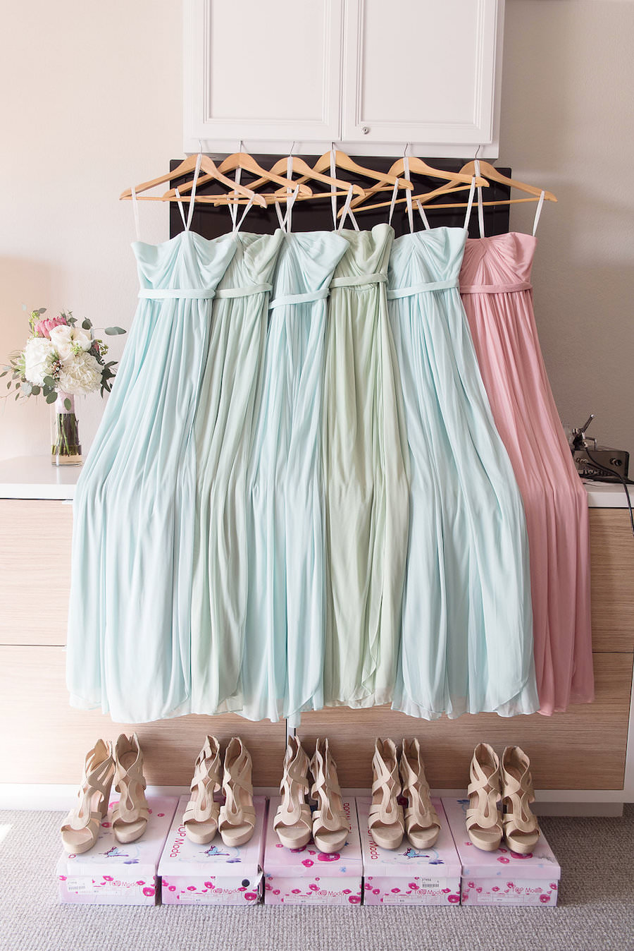 David's Bridal Pastel Bridesmaids Dresses in Mint, Meadow, and Blush with Nude Platform Open Toed Shoes for Romantic Beach Themed Wedding