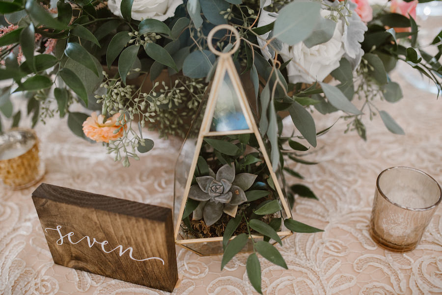 Rustic Wedding Reception Table Decor with Handpainted Wooden Table Number and Succulent Terrarium Centerpiece