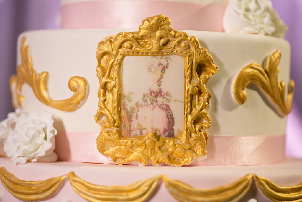 Three Tiered Round White and Pink Wedding Cake Detail of Gold Gilded Picture Frame with Marie Antoinette Painting | St Petersburg Wedding Bakery A Piece of Cake