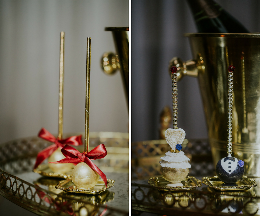 Gold Cake Pop Bride and Groom Tuxedo Favors | Tampa Bay Wedding Dessert Bakery Pop Goes The Party