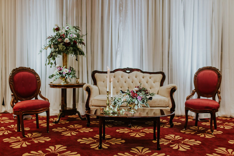 Vintage Lounge Furniture with Tufted Velvet Couch Loveseat and Arm Chairs | Tampa Bay Vintage Wedding Rentals Ever After Vintage Weddings