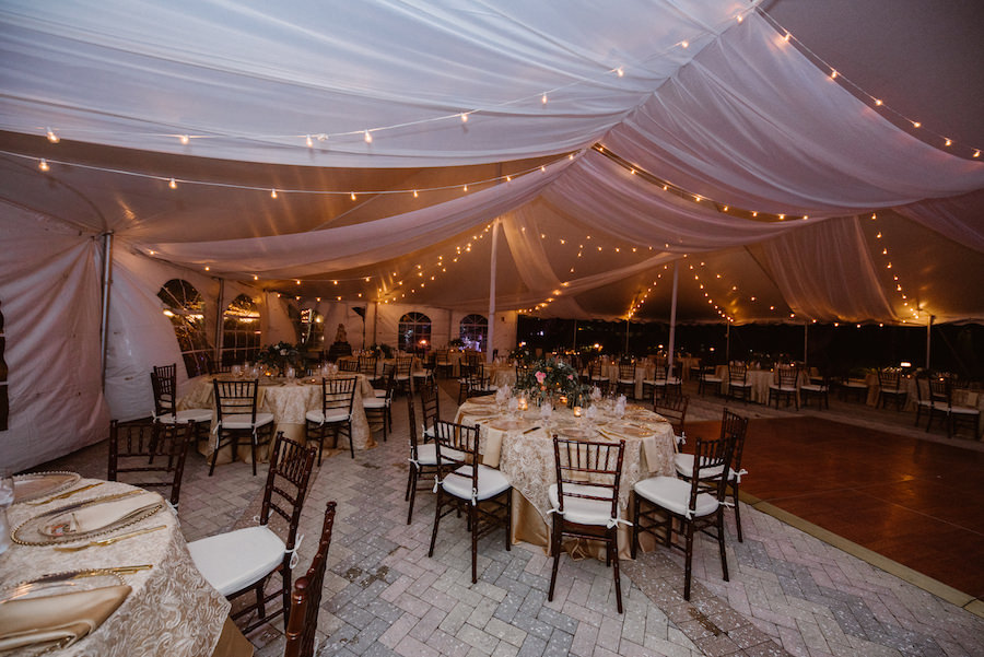 Tented Wedding Reception with White Drapery and String Lights with Brown Chiavari Chairs, and Lace and Gold Linens | Tampa Bay Wedding Planner NK Productions