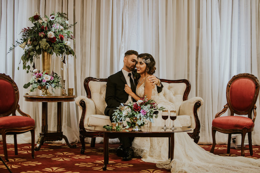 Vintage Lounge Furniture with Tufted Velvet Couch Loveseat and Arm Chairs | Tampa Bay Vintage Wedding Rentals Ever After Vintage Weddings