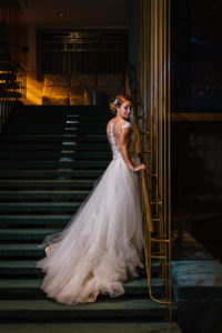 Nighttime Bridal Portrait wearing Maggie Sottero Lace Back Ballgown Blush Wedding Dress | Tampa Bay Wedding Venue Ruth Eckerd Hall