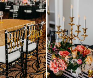 Bright Tropical Wedding Reception Centerpiece Flowers with Peach and Orange Roses, White Anemones, and Greenery on Striped Table Runners with Gold Candelabra | Stylish Gold Mr and Mrs Black Chiavari Chair Signs and Sparkling Tablecloth | Tampa Bay Wedding