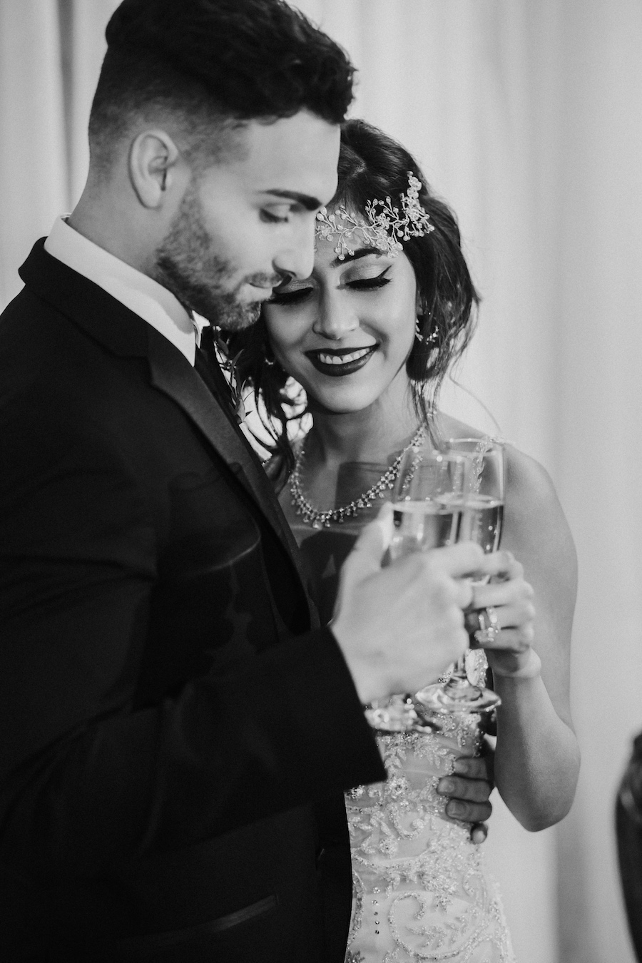 Vintage Glam 1920s Groom and Bride Portrait with Deep V-Neck Plunging Open Back Wedding Dress with Beading | Tampa Bay Wedding Photographer Brandi Image Photography