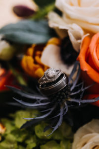Engagement Ring and Wedding Band on Tropical Bouquet