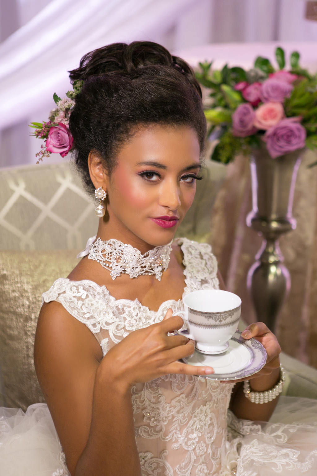 French Inspired Marie Antoinette Bridal Portrait with Teacup and Tropical Pink Rose Hair Flower Accessory and Lace Collar | Tampa Bay Wedding Photographer Carrie Wildes Photography