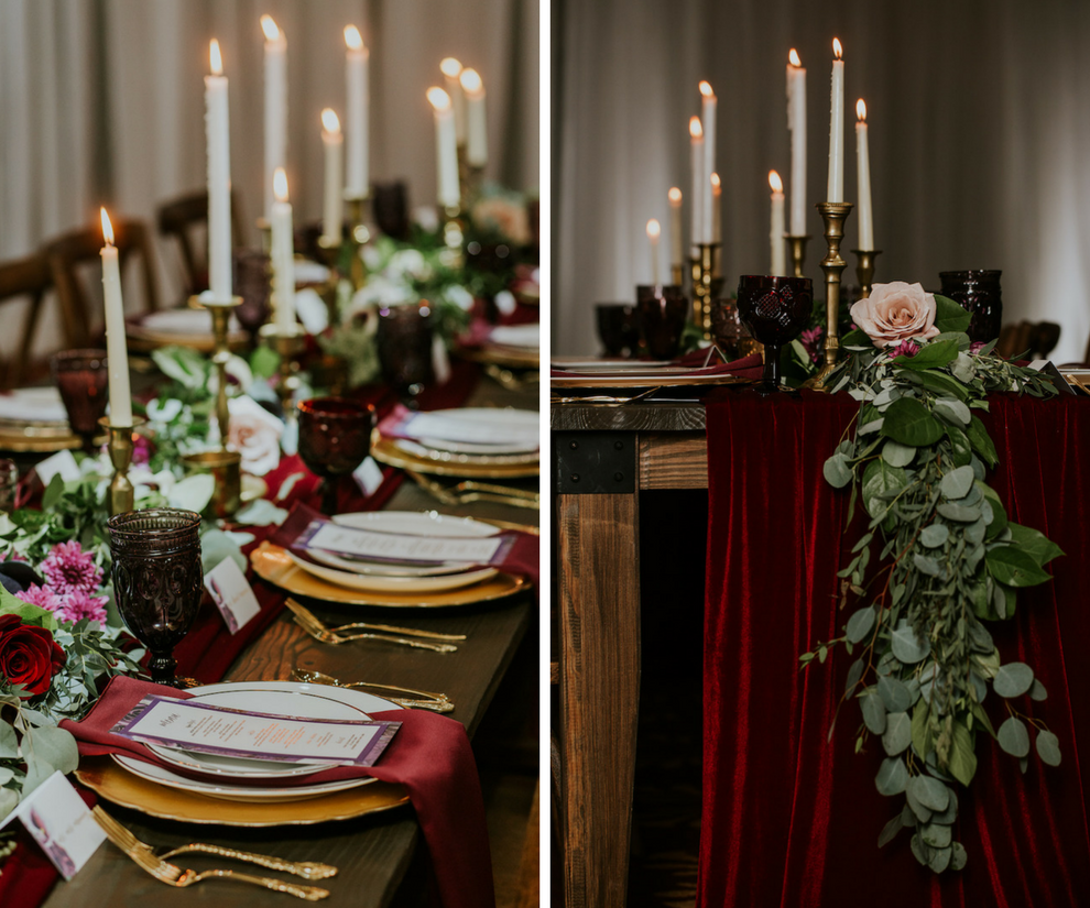 Romantic Vintage Glam Wedding Reception Centerpieces and Decor with Taper Candles Red Velvet Runner and Garland Florals | Planner Southern Glam Weddings & Events | Unique Tampa Bay Wedding Venue Safety Harbor Resort and Spa Theatre | Dish Rentals Ever After Vintage Weddings