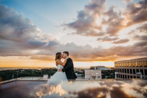 Sunset Bride and Groom Outdoor Rooftop Downtown Tampa Wedding Portrait by Tampa Bay Wedding Photographer Rad Red Creative | Private Venue The Centre Club