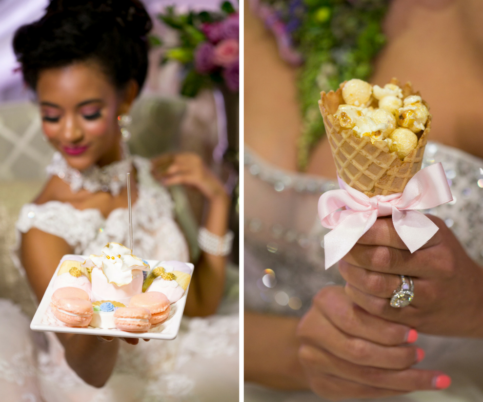 Bridal Portrait with Tea Party Inspired Tropical Wedding Desserts and Macarons, and Popcorn in Waffle Cone with Pink Ribbon