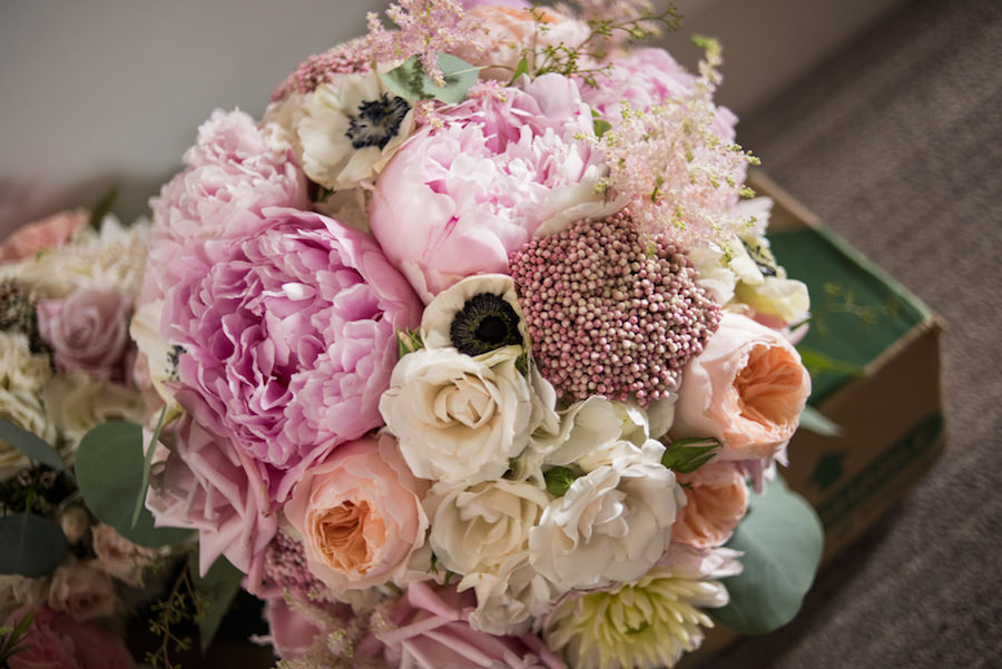 Peach and Blush Rose, Pink Peony, and White Anemone Wedding Bouquet with Greenery