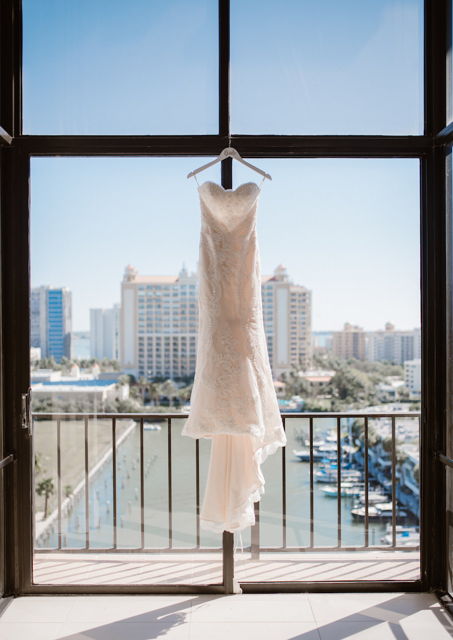 Sweetheart Mermaid Casablanca Wedding Ceremony Dress on Hanger | Sarasota, Florida Wedding