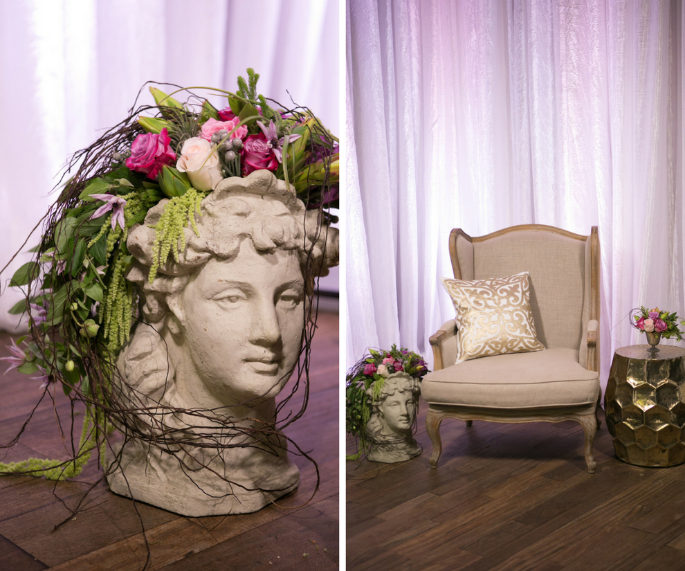 French Marie Antoinette Inspired Wedding Reception Decor Statue with Tropical Flowers and Greenery