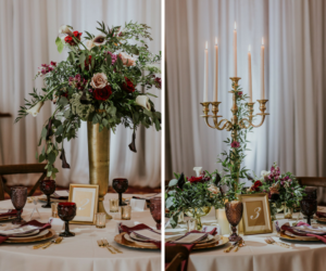 Romantic Vintage Glam Wedding Reception Centerpieces and Decor with Tall Gold Greenery and Candelabra Centerpieces | Planner Southern Glam Weddings & Events | Unique Tampa Bay Wedding Venue Safety Harbor Resort and Spa Theatre | Dish Rentals Ever After Vintage Weddings