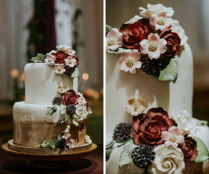 Two-Tier Round Wedding Cake Dipped in Gold Ombre with Red and Pink Sugar Flowers| Tampa Bay Wedding Cake Alessi Bakeries
