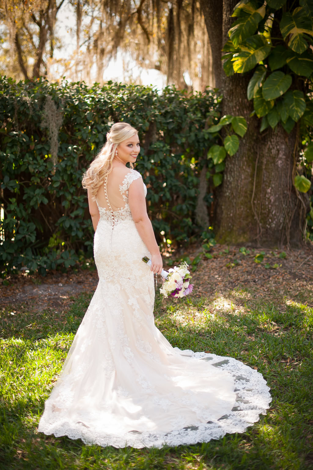 Outdoor Garden Bridal Portrait in Allure Bridal Lace Back with Button Wedding Dress | Tampa Bay Wedding