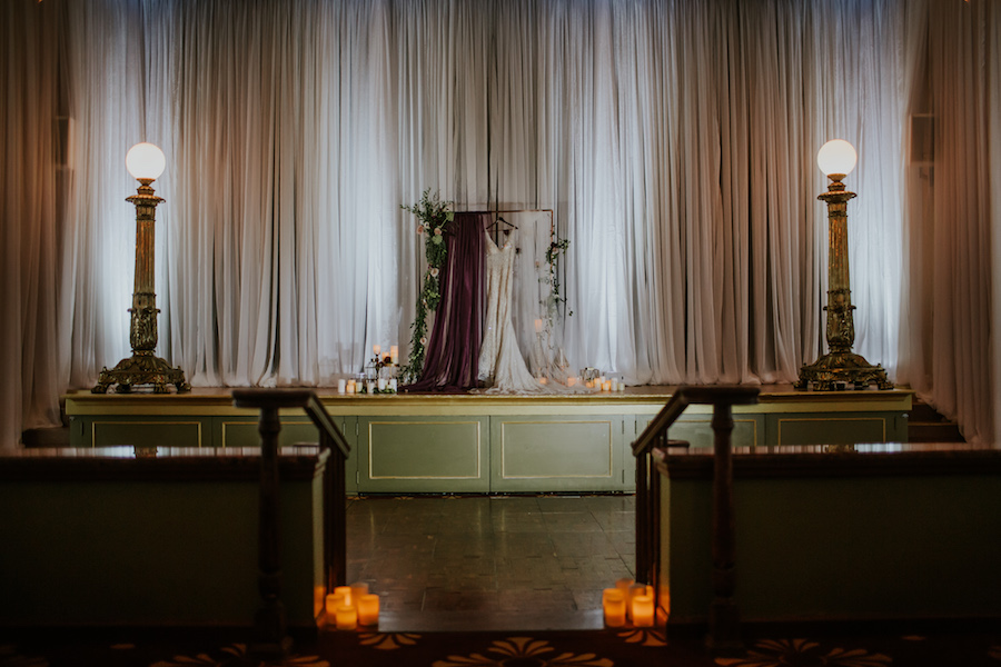 Lace Wedding Dress on Theatre Stage | Romantic Vintage Glam Wedding | Unique Tampa Bay Wedding Venue Safety Harbor Resort and Spa Theatre