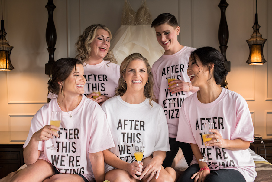 Bridal Party Getting Ready Portrait with Matching Custom Blush T Shirts