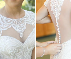 Bride Getting Dressed Detail in Beaded Lace Adriana Papell Wedding Dress