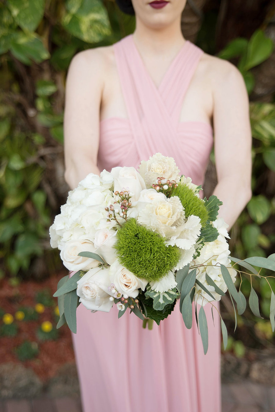 White Rose and Floral Bouquet with Succulents and Greenery and Davids Bridal Blush Bridesmaid Dress | St. Petersburg Wedding Photographer Kristen Marie Photography